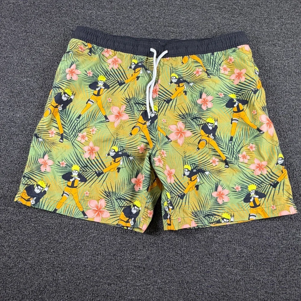 Naruto Shippuden Swim Trunks Mens L Tropical Anime Print Green EUC Viz Media